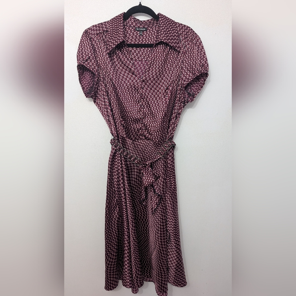 le chateau Burgundy Printed Dress WithTie-Waist Midi Dress